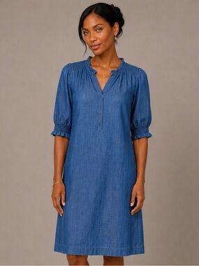 Talbots Chambray Tencel Shift Dress Blue Ruffle Sleeve Size L NWT
